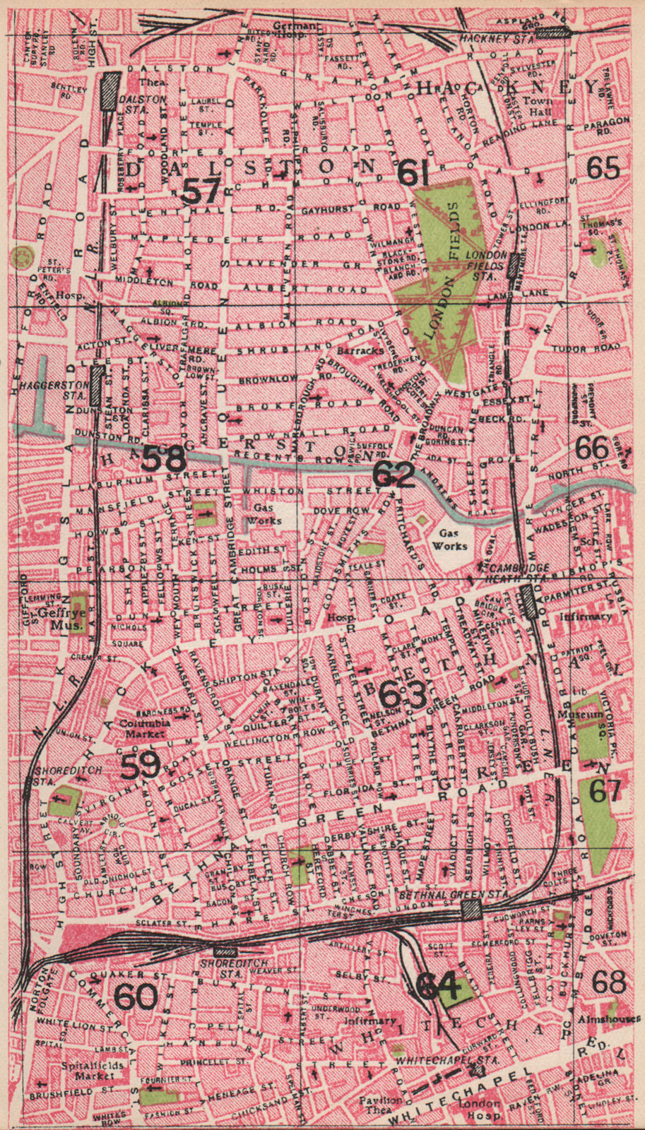 LONDON E. Dalston Whitechapel Haggerston Bethnal Green London Fields 1935 map